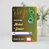 孔雀モダン羽ゴールデンブラックカスタムウェディング 出欠カード (スタンド正面)