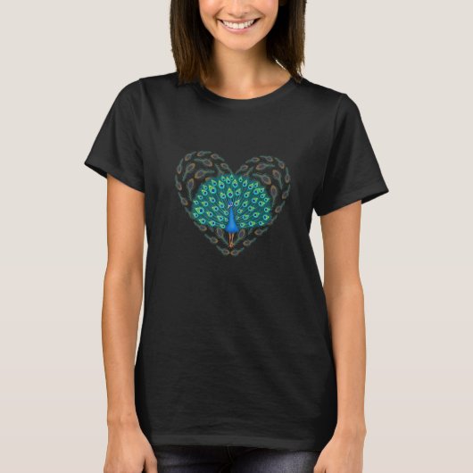 孔雀ラブハートかわいい鳥の動物グラフィック Tシャツ (正面)