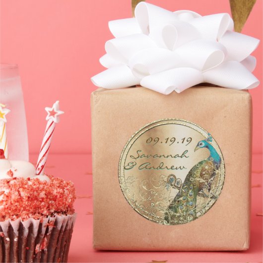 孔雀ラブバード結婚金ゴールドシール ラウンドシール (パーティー)