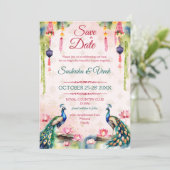 孔雀ロータスインディアン結婚式の日付を保存 招待状 (スタンド正面)