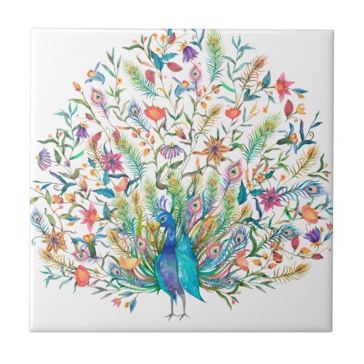 孔雀ヴィンテージイラストレーションセラミックタイル タイル (正面)