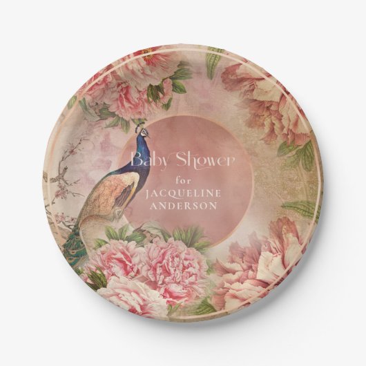 孔雀ヴィンテージエレガントピンクピーニーベビーシャワー ペーパープレート (正面)
