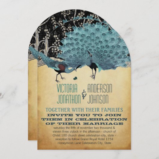 孔雀ヴィンテージ羽と孔雀 招待状 (正面/裏面)