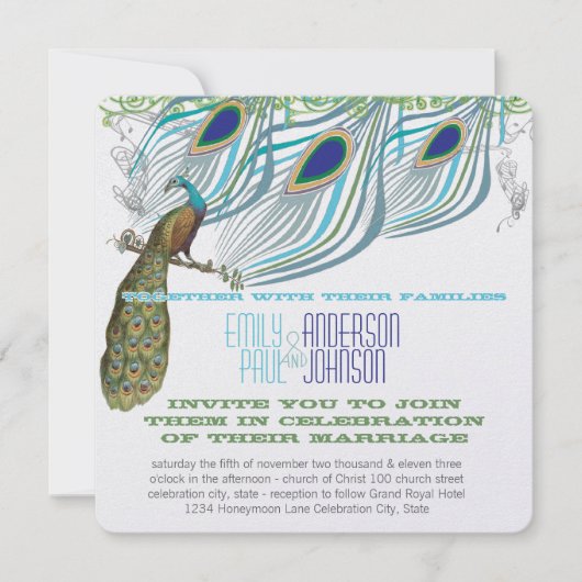 孔雀ヴィンテージ3羽と孔雀 招待状 (正面)
