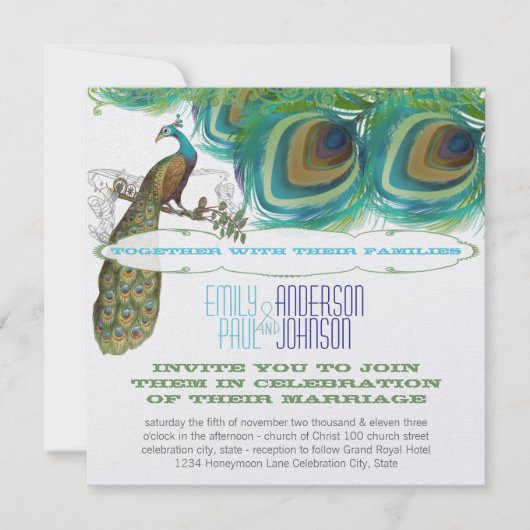孔雀ヴィンテージ4羽と孔雀 招待状 (正面)