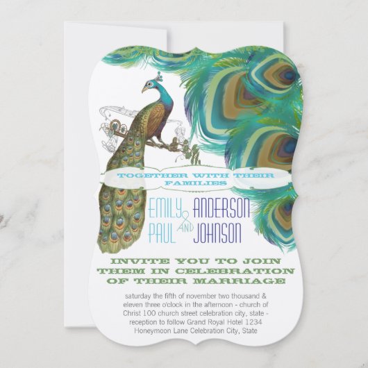 孔雀ヴィンテージ4羽ダイカット結婚ズ 招待状 (正面)