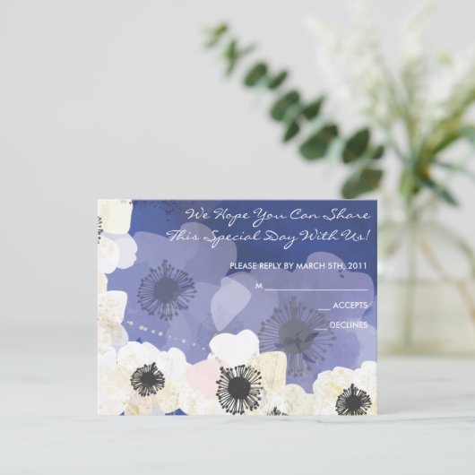 孔雀及びアネモネの花のバルミツワーの応答カード 出欠カード (スタンド正面)