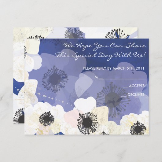 孔雀及びアネモネの花のバルミツワーの応答カード 出欠カード (正面/裏面)