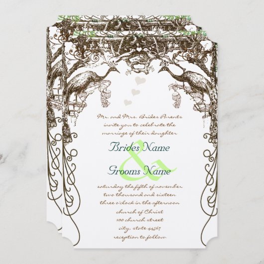 孔雀素朴ヴィンテージラブバード 招待状 (正面/裏面)