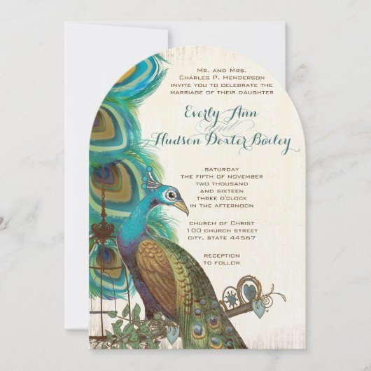 孔雀素朴鳥の羽の結婚式の招待 招待状 (正面)