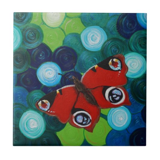 孔雀絵画蝶 タイル (正面)