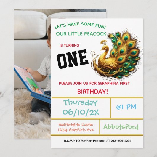 孔雀誕生祝い- 1年！ 招待状 (正面/裏面)