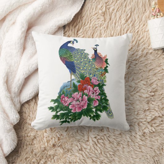 孔雀青のピンクのバラの緑の花の花柄の鳥 クッション (ブランケット)