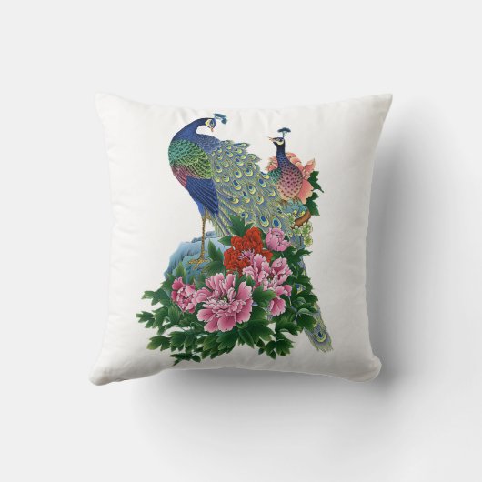 孔雀青のピンクのバラの緑の花の花柄の鳥 クッション (裏面)