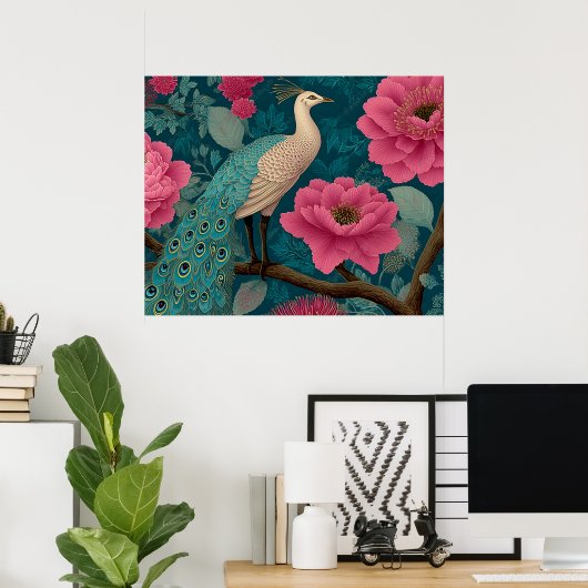 孔雀鮮やか及びピンクの花柄 ポスター (ホームオフィス)