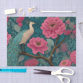 孔雀鮮やか及びピンクの花柄 薄葉紙 (クラフト)