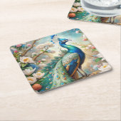 孔雀 スクエアペーパーコースター (アングル)