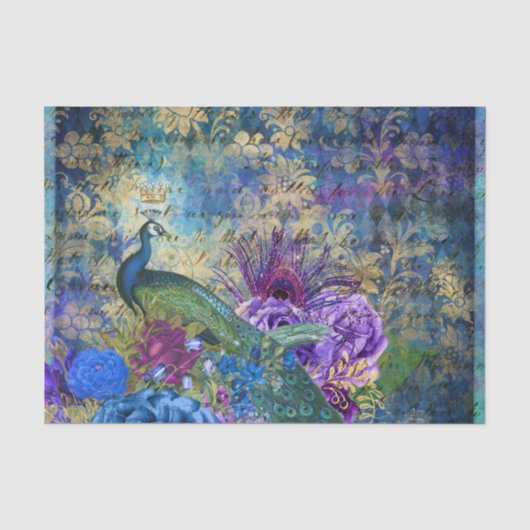 孔雀 デコパージュ 青と紫の花 薄葉紙 (正面)