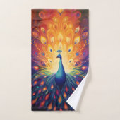 孔雀 – ブルーグリーンピンクオレンジイエローフェザー バスタオルセット (ハンドタオル)