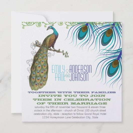 孔雀 ヴィンテージ 3 羽根 孔雀付き 招待状 (正面)