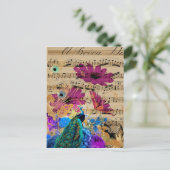 孔雀、楽譜、花 ポストカード (スタンド正面)