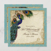 孔雀&羽ウェディングアクアフォーマルブルーを招待 招待状 (正面/裏面)