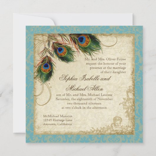 孔雀&羽ウェディングアクアフォーマルブルーを招待 招待状 (裏面)