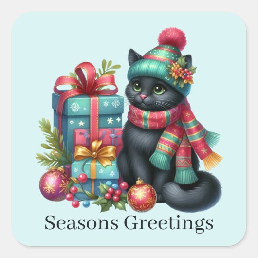 季節のごあいさつのクリスマスキャット追加文字 スクエアシール (正面)