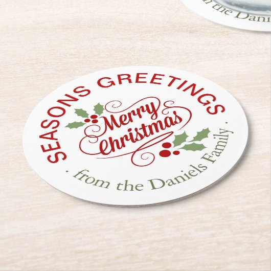 季節のごあいさつのメリークリスマスのタイポグラフィ ラウンドペーパーコースター (アングル)