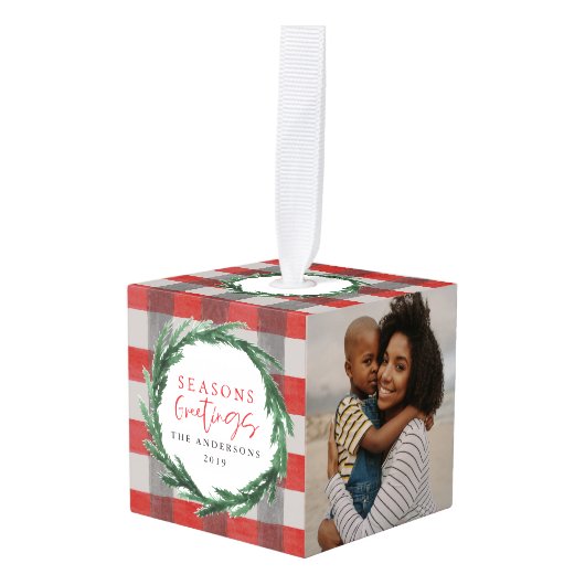 季節のごあいさつの水彩画のリース + 写真を点検して下さい キューブオーナメント (正面アングル)