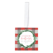 季節のごあいさつの水彩画のリース + 写真を点検して下さい キューブオーナメント (正面)