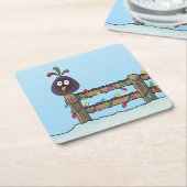 季節のごあいさつカートゥーンバードオンフェンス スクエアペーパーコースター (アングル)