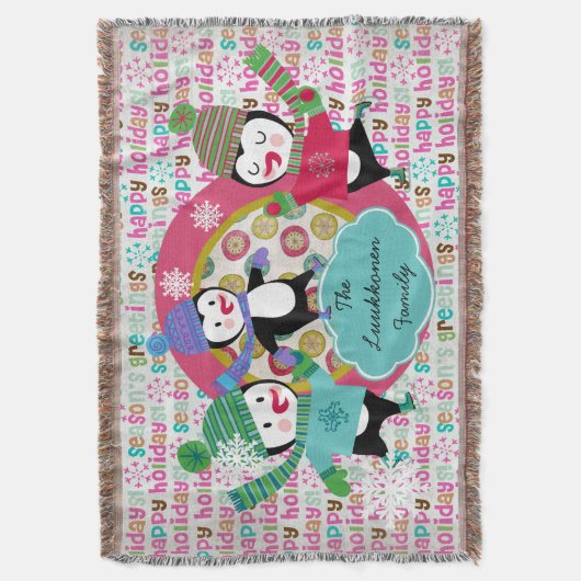 季節のごあいさつスケートで滑るペンギンホリデースロー スローブランケット (正面縦)
