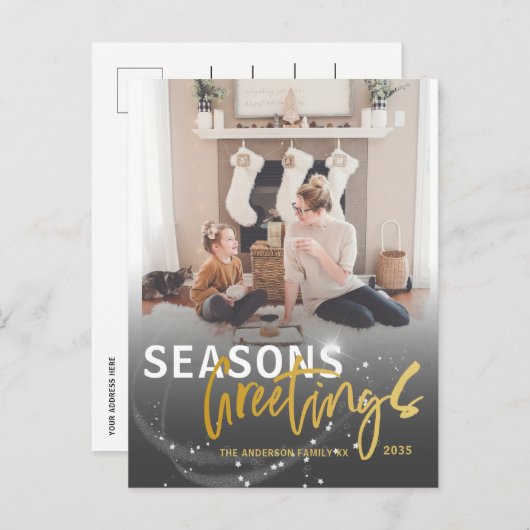 季節のごあいさつスターフェイク金ゴールドスクリプトクリスマス ポストカード (正面/裏面)