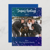 季節のごあいさつスノー写真青紫色ホワイト シーズンカード (正面/裏面)