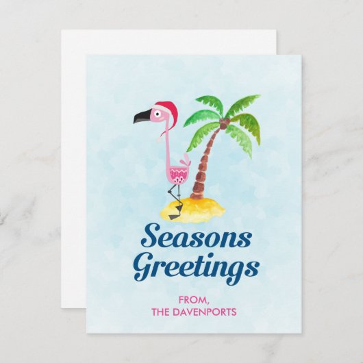 季節のごあいさつズピンクフラミンゴinサンタハット シーズンカード (正面/裏面)