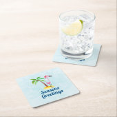 季節のごあいさつズピンクフラミンゴinサンタハット スクエアペーパーコースター (インサイチュ)