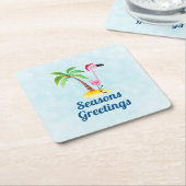 季節のごあいさつズピンクフラミンゴinサンタハット スクエアペーパーコースター (アングル)