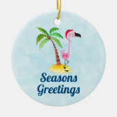 季節のごあいさつズピンクフラミンゴinサンタハット セラミックオーナメント (正面)