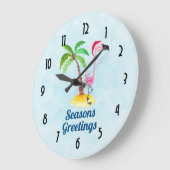 季節のごあいさつズピンクフラミンゴinサンタハット ラージ壁時計 (傾斜)