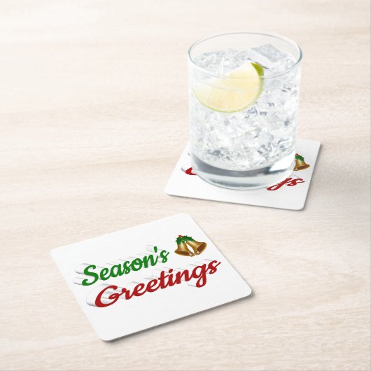 季節のごあいさつベルクリスマス赤い緑のスクリプト スクエアペーパーコースター (インサイチュ)
