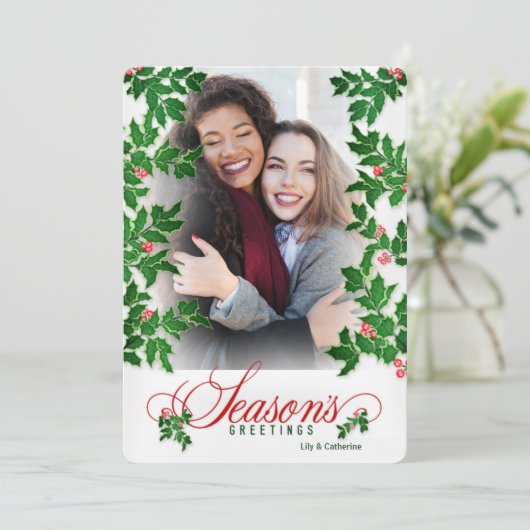 季節のごあいさつホリーと果実の縦写真 シーズンカード (スタンド正面)