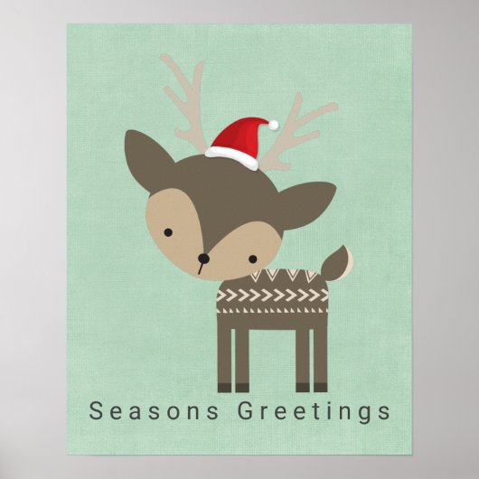 季節のごあいさつレッドサンタハットのクリスマスディアー ポスター (正面)