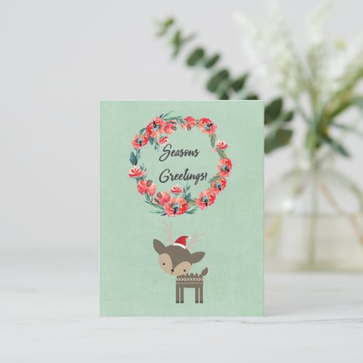 季節のごあいさつレトロ鹿とフローラリース シーズンポストカード (スタンド正面)