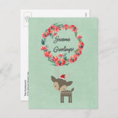 季節のごあいさつレトロ鹿とフローラリース シーズンポストカード (正面/裏面)