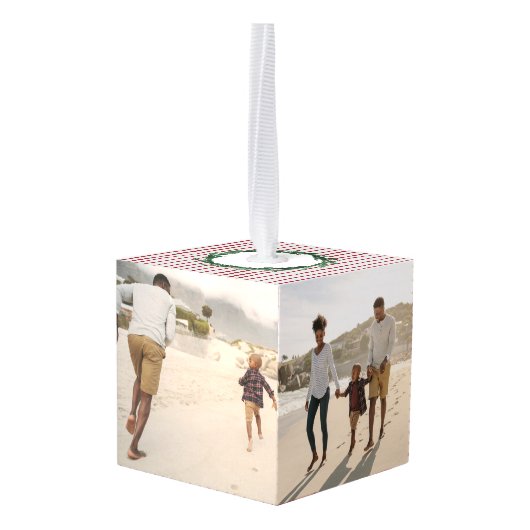 季節のごあいさつ水彩リース+ストライプ写真 キューブオーナメント (裏面アングル)