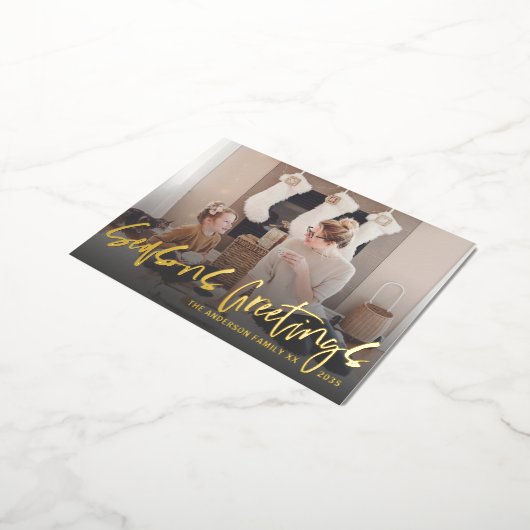 季節のごあいさつ金ゴールドスクリプトフォトフォイルホリデー 箔シーズンポストカード (回転した状態)