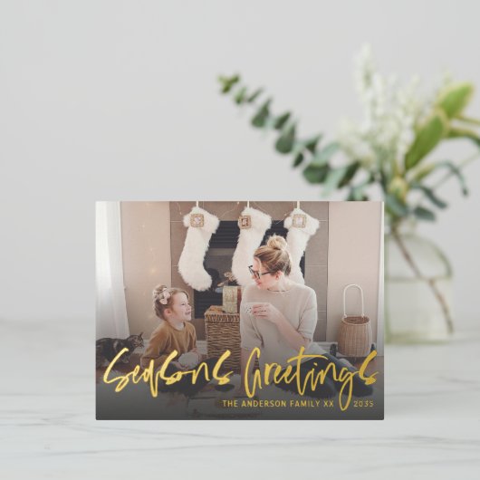 季節のごあいさつ金ゴールドスクリプトフォトフォイルホリデー 箔シーズンポストカード (立ち正面)