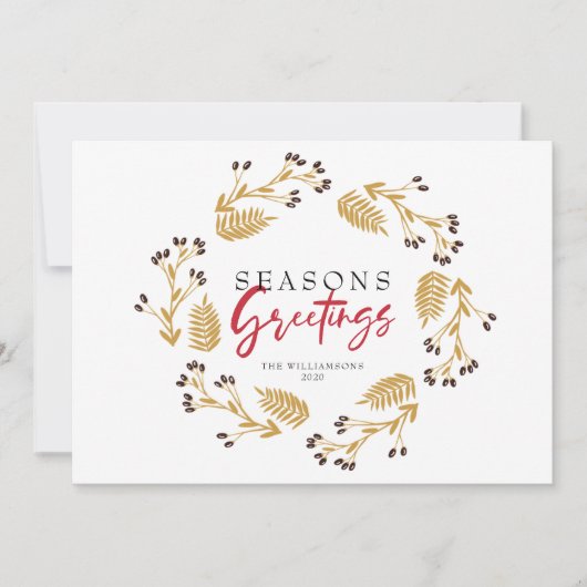 季節のごあいさつ金ゴールドホリーリースホリデーカード シーズンカード (正面)