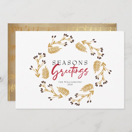 季節のごあいさつ金ゴールドホリーリースホリデーカード シーズンカード (正面/裏面)